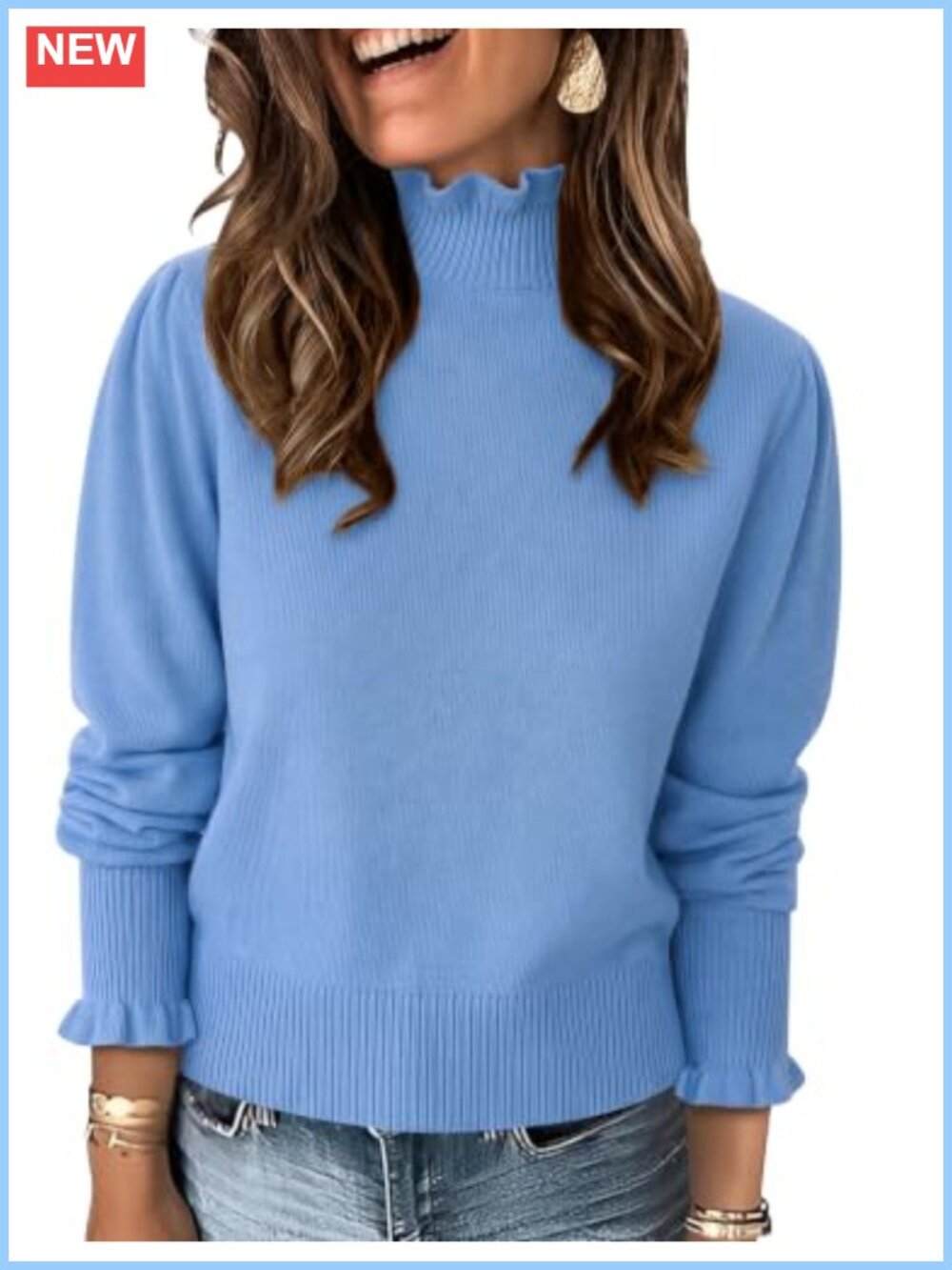 Ruffle Mock Neck Puff Sleeve Pullover Sweater